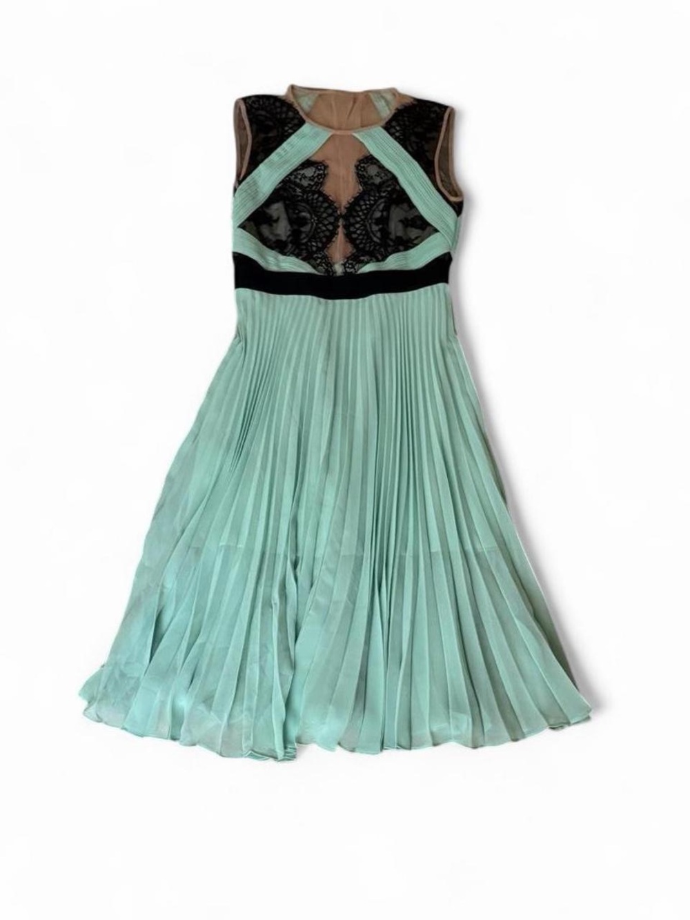 BCBGMaxAzria Mint and Black Lace Pleated Midi Dress